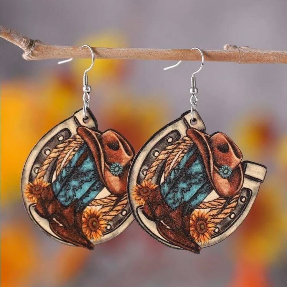 Boho festival western style wood earrings with boot, hat & horseshoe design